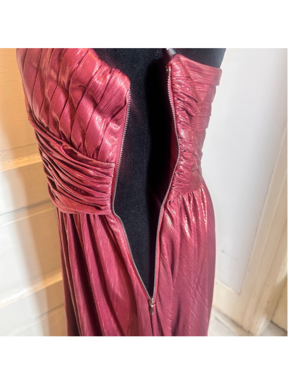 Women's Retrofete Red Metallic Ruched Strapless Maxi Dress Gown Disco Ethereal - Picture 5 of 9